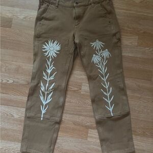 Carhartt Brown Cargo Pants with White Floral Embroidery